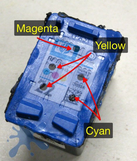 Refill hole location for HP 22 tri-color ink cartridge